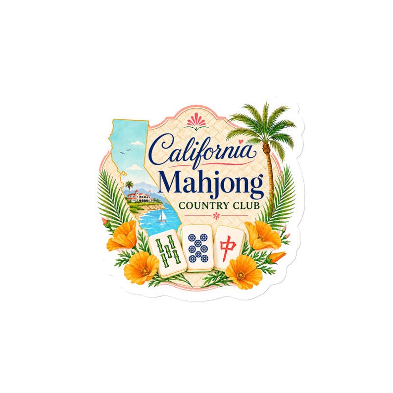 May include: A die-cut sticker featuring the text California Mahjong Country Club, a map of California, a palm tree, orange poppies, and three mahjong tiles. The design includes a coastal scene with a sailboat and a building on a cliffside.