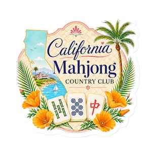 May include: A decorative sticker featuring the text California Mahjong Country Club, a map of California, a palm tree, orange poppies, and three mahjong tiles. The design includes a coastal scene with a building and a sailboat on blue water.