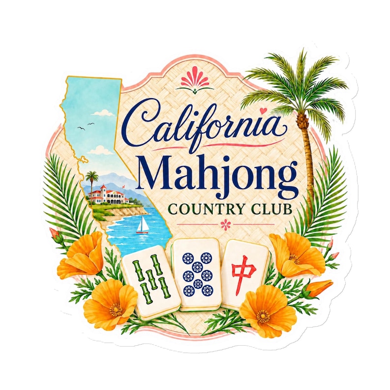 May include: A decorative sticker featuring the text California Mahjong Country Club, a map of California, a palm tree, orange poppies, and three mahjong tiles. The design includes a coastal scene with a building and a sailboat on blue water.