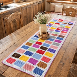 Gehaakte katoenen tafelloper | Handgemaakt veelkleurig rechthoekig tafelstuk | Ery collectie