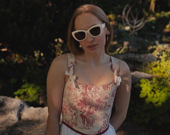 Haut corset imprimé toile fait main, liens rubans Cottagecore d'inspiration vintage