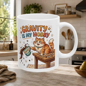 Grumpy cat with spilled coffee mug, funny cat coffee mug