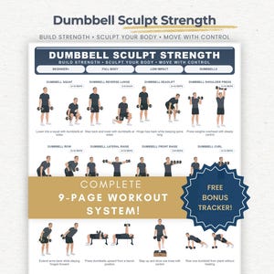 Könnte beinhalten: Ein digitaler Trainingsleitfaden mit dem Titel Dumbbell Sculpt Strength, der Illustrationen verschiedener Übungen zeigt. Das Dokument enthält Textanleitungen, ein goldenes Banner mit der Aufschrift Complete 9-Page Workout System und einen blauen Stern mit Free Bonus Tracker.