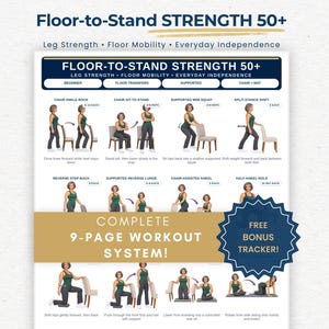 May include: A workout guide titled Floor-to-Stand Strength 50+ featuring illustrations of exercises using a chair. The document includes instructions for leg strength and mobility, a gold banner stating Complete 9-Page Workout System, and a bonus tracker.