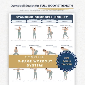 Può includere: Una guida di allenamento digitale intitolata Standing Dumbbell Sculpt for Full-Body Strength, con illustrazioni di esercizi come spinte, squat e affondi. Include un sistema di 9 pagine e un tracker bonus, nei formati A4, A3, US Letter e 11x17.