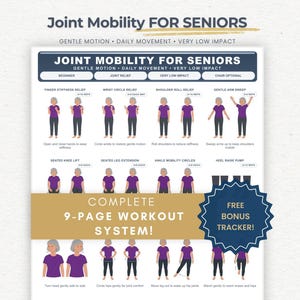Puede incluir: Una tabla informativa blanca titulada Joint Mobility for Seniors con ilustraciones de personas con camisetas moradas y pantalones negros realizando ejercicios. El documento incluye un sistema de entrenamiento de 9 páginas y un rastreador de bonificación.