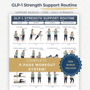GLP-1 Strength Support Routine Printable Exercise Chart PDF, Full Body Strength Training, Resistance Band Chair Dumbbell Low Impact Guide