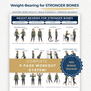 May include: A white informational poster titled Weight-Bearing for Stronger Bones featuring illustrations of exercises like marching, squats, and presses. It includes text for a 9-page workout system and a free bonus tracker, with icons for A4, A3, US Letter, and 11x17 sizes.