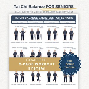 Könnte beinhalten: Ein Tai Chi Balance for Seniors Übungsblatt mit Illustrationen für stuhlgestützte Bewegungen. Das Dokument enthält Textüberschriften, Bewegungsbeschreibungen und ein goldenes Banner mit der Aufschrift Complete 9-Page Workout System und Free Bonus Tracker.