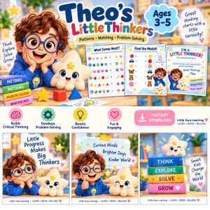 May include: Theo's Little Thinkers educational activity set for ages 3-5 featuring a cartoon character, a plush star, colourful blocks, and worksheets with patterns, matching, and problem-solving tasks. Includes a certificate and learning icons.