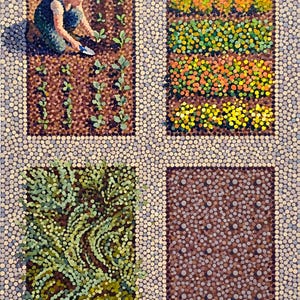 Könnte beinhalten: Ein pointillistisches Gemälde, das einen Garten darstellt, der in vier rechteckige Beete unterteilt ist. Ein Beet zeigt eine kniende Figur, die in brauner Erde pflanzt. Ein weiteres zeigt Reihen bunter Blumen. Ein drittes enthält dichtes grünes Laub und das vierte ist braune Erde mit einem Raster aus kleinen Punkten.
