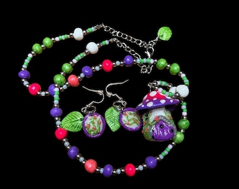 Fairy Garden Mushroom House-ketting en bijpassende oorbellen