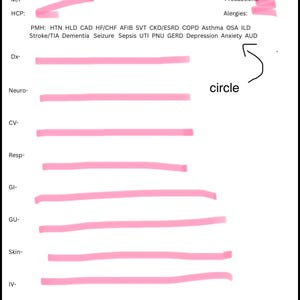 May include: A white medical patient information form with black text and pink highlighter marks. The form includes fields for Name, Age, M/F, HCP, Full Code/DNR/DNI, Admitted, Room, Precautions, Allergies, PMH, Dx, Neuro, CV, Resp, GI, GU, Skin, IV, and Labs.