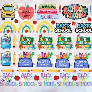 May include: A collection of school-themed stickers featuring a yellow bus, red apples, stacked books, rainbows, and backpacks. Text includes "Back to School," "School is Cool," and "First Day of School." Various pencils and crayons are also included.