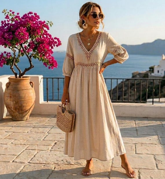 boho cut out maxi dress Midi Dress, V Neck Cutout Beach Cover Up, Loose Flowy Tunic for Women, Bohemian Summer Vacation Sundress, A Line Beachwear Size:33W | 34-36L R&M Richards 6116 Black ring cutout sari maxi birthdayonly
