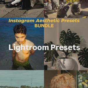 Puede incluir: Un collage digital de seis fotografías que muestran diversas escenas de estilo de vida, incluyendo personas en exteriores, una planta en maceta y un escaparate. El texto "Instagram Aesthetic Presets BUNDLE" y "Lightroom Presets" está superpuesto en amarillo y blanco.