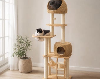 175cm Rattan Wood Cat Tree Tower: Multi-Level Condo, Hammock, Scratcher Furniture