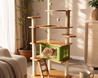 Massief houten krabpaaltoren, appartement met meerdere verdiepingen met sisalkrabpalen, bubbelpods