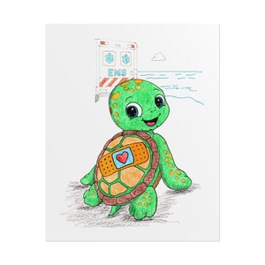 May include: A colorful drawing of a green turtle with a smiling face and large eyes. The turtle has a tan shell with a brown border and a tan adhesive bandage featuring a red heart in the center. An EMS ambulance is visible in the background.