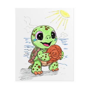 May include: A colored drawing of a green turtle with large black eyes holding a brown spiral seashell. The background features a blue ocean, a yellow sun with rays, and white clouds. The turtle has brown spots and is standing on a gray beach.