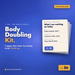 Puede incluir: Un kit digital de Body Doubling sobre un fondo azul cuadriculado. El texto dice ADHD Body Doubling Protocol, Body Doubling Kit, 7 pages, Start ritual, Co-working script, Streak log. Una tarjeta de intención muestra tareas y un temporizador 25:00.