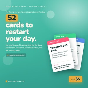 May include: A deck of 52 ADHD reset cards on a teal background. The text reads ADHD RESET CARDS, RE-ENTRY DECK, 52 cards to restart your day, and Made for ADHD brains. Three cards are fanned out, showing text like URGENT 01, The gap is just data.