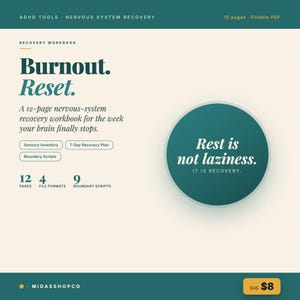 Könnte beinhalten: Ein 12-seitiges digitales Arbeitsbuch mit dem Titel Burnout. Reset. und einer türkisfarbenen kreisförmigen Grafik mit dem Text Rest is not laziness. IT IS RECOVERY. Das Dokument enthält ein sensorisches Inventar, einen 7-Tage-Plan und Skripte.