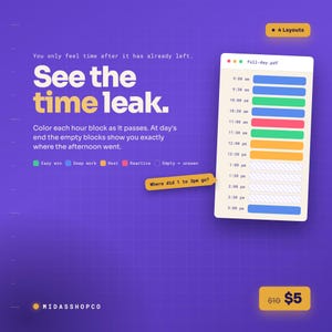 May include: A purple digital planner template with the text See the time leak. It features a schedule list from 9:00 am to 3:00 pm with colored blocks for tasks. A speech bubble asks Where did 1 to 3pm go? and a tag indicates 4 Layouts.