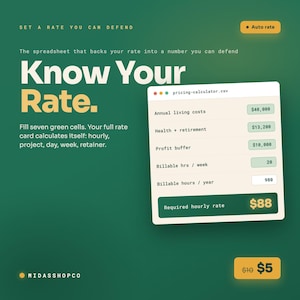 Freelance Pricing Calculator Spreadsheet · 5 Negotiation Scripts · Freelancer Rate Card Template · Hourly Rate Calculator PDF