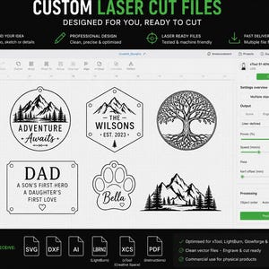 May include: A digital interface displaying six black and white laser cut designs including mountain scenes, a tree of life, a paw print, and text-based plaques. The software shows settings for power, speed, and pass count for laser cutting.