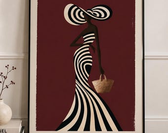 Black Woman Fashion Illustration Print, Striped Gown, Burgundy Glam Vanity Art