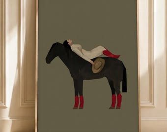 Folk Art Horse Print, Whimsical Black Horse, Sage Green Equestrian Decor (Digital Download)
