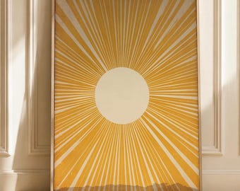 Yellow Sun Wall Art, Retro Sunburst Print, Boho, Bauhaus Poster, Mid Century Modern Decor, Abstract, Digital Download