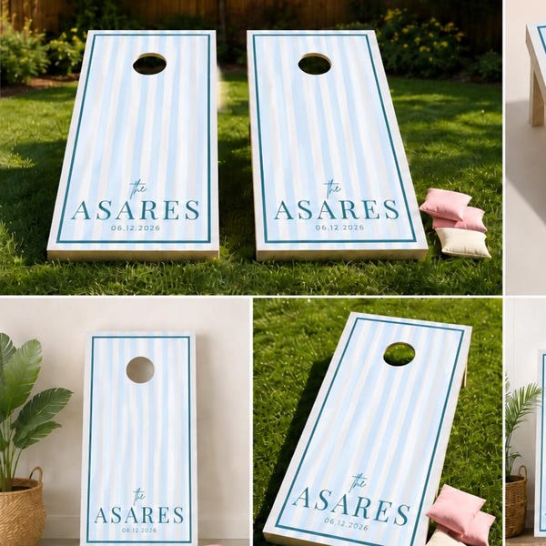 Custom Wedding Cornhole Board Wrap – Blue Stripe Personalized Decal |Editable Canva Template (2x4 template)