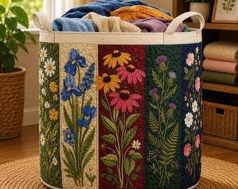 Boho wasmand met bloemenprint en gewatteerde afwerking · Grote stoffen opbergbak met handvatten · Wasmand met wilde bloemenprint · Opbergmand voor thuis in cottagecore-stijl