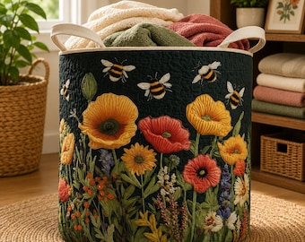 Boho Floral Quilted Laundry Basket · Large Fabric Storage Bin with Handles · Cottagecore Wildflower Hamper