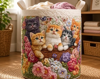 Quilted Kitten Floral Laundry Basket · Large Cat Storage Hamper · Foldable Fabric Bin · Cottagecore Cat Lover Gift