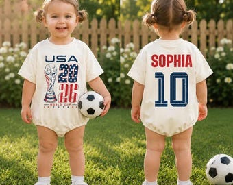 Body de bebê personalizado com o tema da Seleção Americana de Futebol, com nome e número personalizados, ideal para a Copa do Mundo de 2026 e como presente para fãs dos EUA.