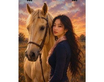 May include: A poster featuring a person with long dark hair wearing a dark blue long-sleeve shirt and a light pink scarf, standing next to a light tan horse with a brown leather bridle against a vibrant orange and purple sunset sky background.