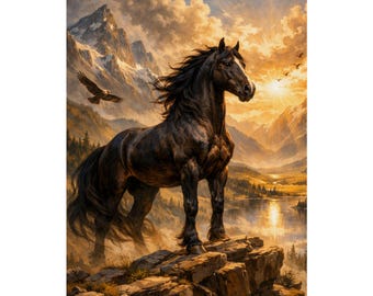 May include: A black horse stands on a rocky cliff overlooking a valley with a lake at sunset. A bird flies in the sky near snow-capped mountains. The scene features warm golden light, dark shadows, and a detailed landscape with pine trees.