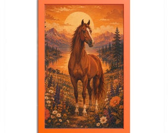 May include: A framed wall art print featuring a brown horse standing in a vibrant meadow filled with colorful wildflowers. The background displays a serene lake, pine trees, and snow-capped mountains under a large, glowing orange sunset sun.