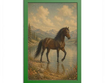 May include: A framed wall art print featuring a brown horse standing in shallow water near a rocky shore. The background displays a serene lake, distant mountains, and a cloudy sky. The artwork is enclosed in a solid green rectangular frame.
