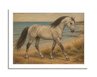 May include: A framed painting depicting a dapple-gray horse with a dark mane and tail walking along a sandy beach. The background features a calm blue ocean, a shoreline with scattered rocks, and patches of wild vegetation under a soft sky.