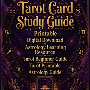 以下が含まれることがあります： Tarot Card Study Guideというタイトルのダークパープルとゴールドのデジタルポスター。中央の太陽、12の星座記号が描かれた円形の枠、そしてPrintable、Digital Download、Astrology Learning Resource、Tarot Beginner Guide、Tarot Printable、Astrology Guideというテキストが特徴です。下部には2つの様式化された手が上に向かって伸びています。