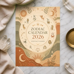 Może przedstawiać: Prostokątny kalendarz duchowy Zodiac Calendar 2026 z centralnym kołem z dwunastoma znakami zodiaku, ilustracjami słońca i księżyca oraz botanicznymi akcentami w odcieniach kremu, szałwiowej zieleni i palonej pomarańczy na papierowej okładce.