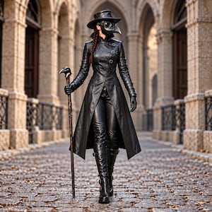 May include: A black leather long coat with buckle straps on the sleeves and chest, paired with matching black leather trousers and boots. The outfit includes a black plague doctor mask, a wide-brimmed hat, and a tall walking stick with a bird head topper.