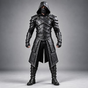 May include: A black hooded costume set featuring layered leather-style armor plates on the chest and shoulders, matching arm bracers, a long skirted tunic with metal rivets, and tall buckled boots. A black face mask covers the lower face.