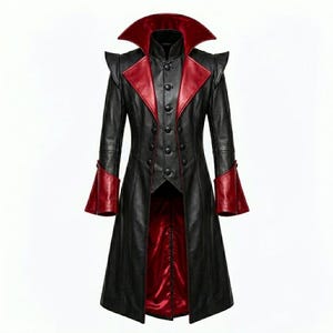 May include: A long black coat featuring a high collar, wide lapels, and flared cuffs in a contrasting deep red color. The garment includes a front button closure with multiple black buttons and a visible red lining along the interior hem.