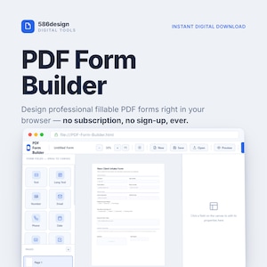 May include: A digital tool interface titled PDF Form Builder with a browser-based layout. The screen displays a New Client Intake Form with various input fields, a sidebar for form elements, and a top navigation bar with buttons for New, Save, Open, and Preview.