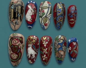 Medieval Illuminated Manuscript Press On Nails White Rabbit Stained Glass Gothic Lettering Cat Floral Vine Mosaic Fake Nails Luxury Gift
